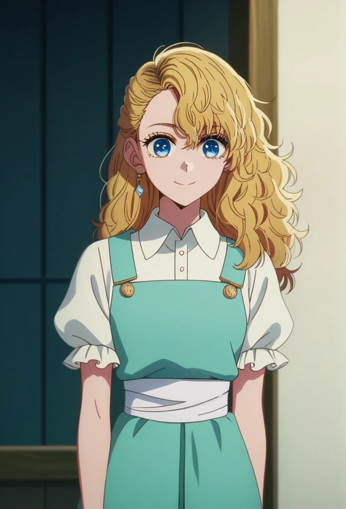 oshi_no_ko_style,blonde curls,sidecurls,fluffy fringe bangs,blue eyes,long eyelashes,cowboyshot,standing,,soft smile,long hair,masterpiece,highres,absurdres,(white puffy short sleeves),collared blouse,solo,frilled cuffs,,teen,(light blue pinafore dress),frilled wristgloves,frilled sweatheart neckline,white sash around the waist,peter pan collar,drilled hair,(side curls)