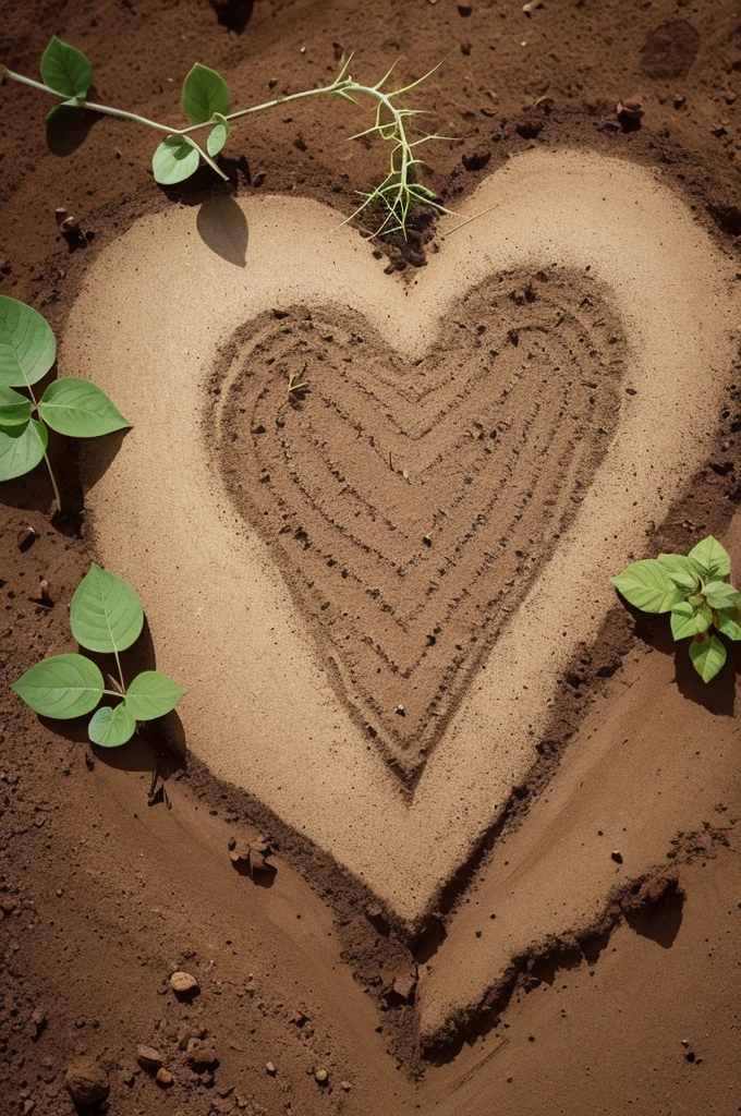 Heart with earthy soil texture and thorns and a green seed planted in the center