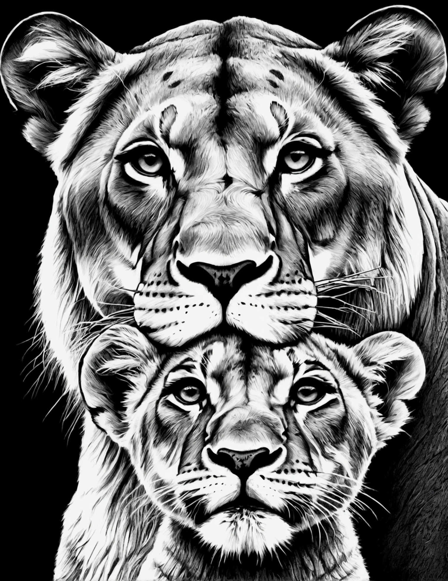 drawing of lioness and cub in black and white