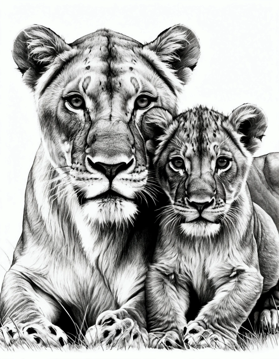 drawing of lioness and cub in black and white