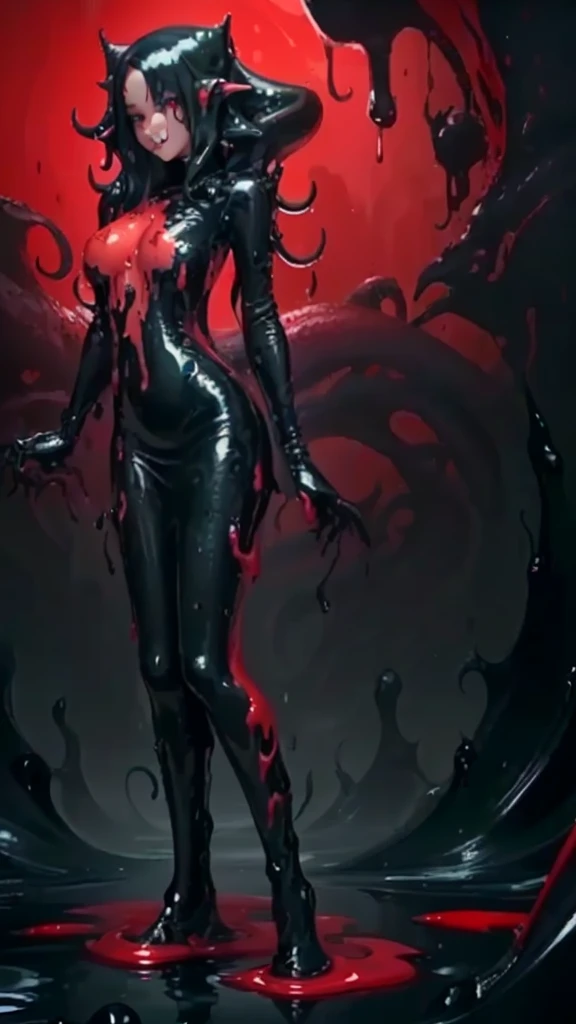 a close up of a slime woman, Black and Red substance, slime and tentacles, loish |, face, anime monster girl, fangs and slime, goo, toxic slime, oozing black goo, dripping hair, full of redish liquid, Black ooze, monstergirl, rossdraws cartoon vibrant