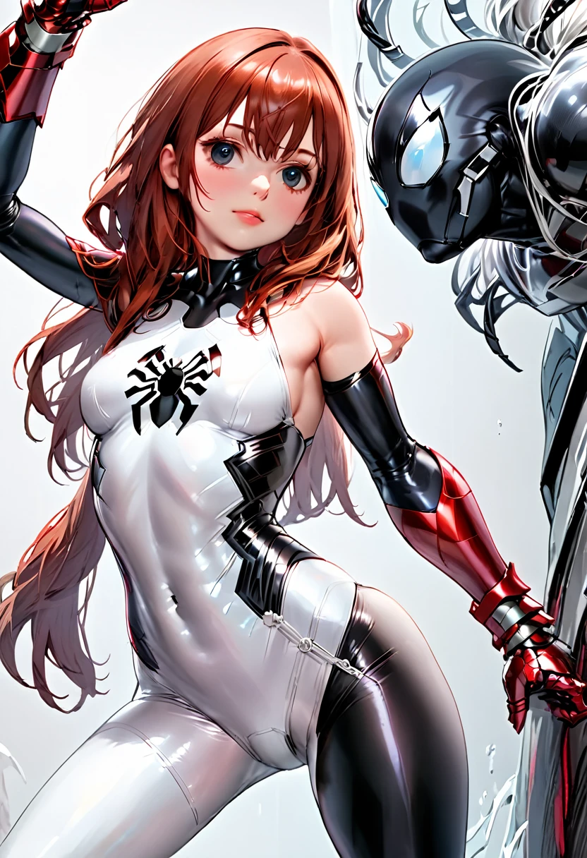 a beautiful detailed white iron man cosplay girl, 1 girl, extremely detailed face and eyes, long hair, big breasts, white skin, black spider man symbol in costume, 8k, best quality, high resolution, artwork prime, realistic, photo-realistic, studio lighting, vivid colors, hyper detailed, scenery that matches the details of the character..