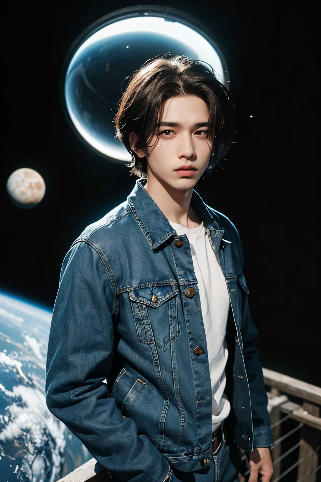 A handsome man. Beautiful double eyes. The bridge of my nose. Well-shaped lips. He looks at the camera with a defiant look. Dark brown hair. Short hair. He wears blue jeans as a jacket. An image of a parallel universe in space behind him.