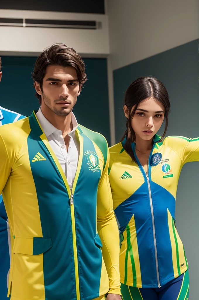 Uniforms for Brazilian Olympic men athletes inspired by French haute couture brands like Prada and delicate prints of Brazilian animals reference. Using colors blue, green and yelow. Usados no hipismo e esgrima