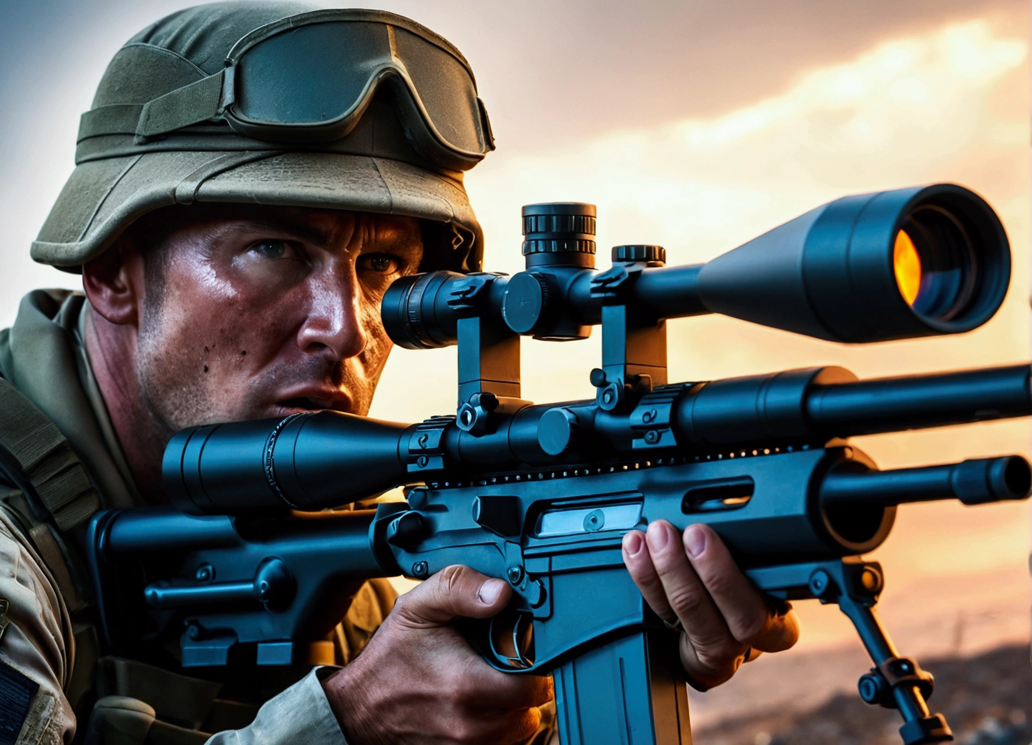 a highly detailed sniper shooting a rifle, extreme close-up, intense expression, sharp focus, realistic military gear, dramatic lighting, cinematic composition, photorealistic, 8k, HDR, intricate details, gritty war zone background, muzzle flash, powerful impact, adrenaline-filled moment, military precision