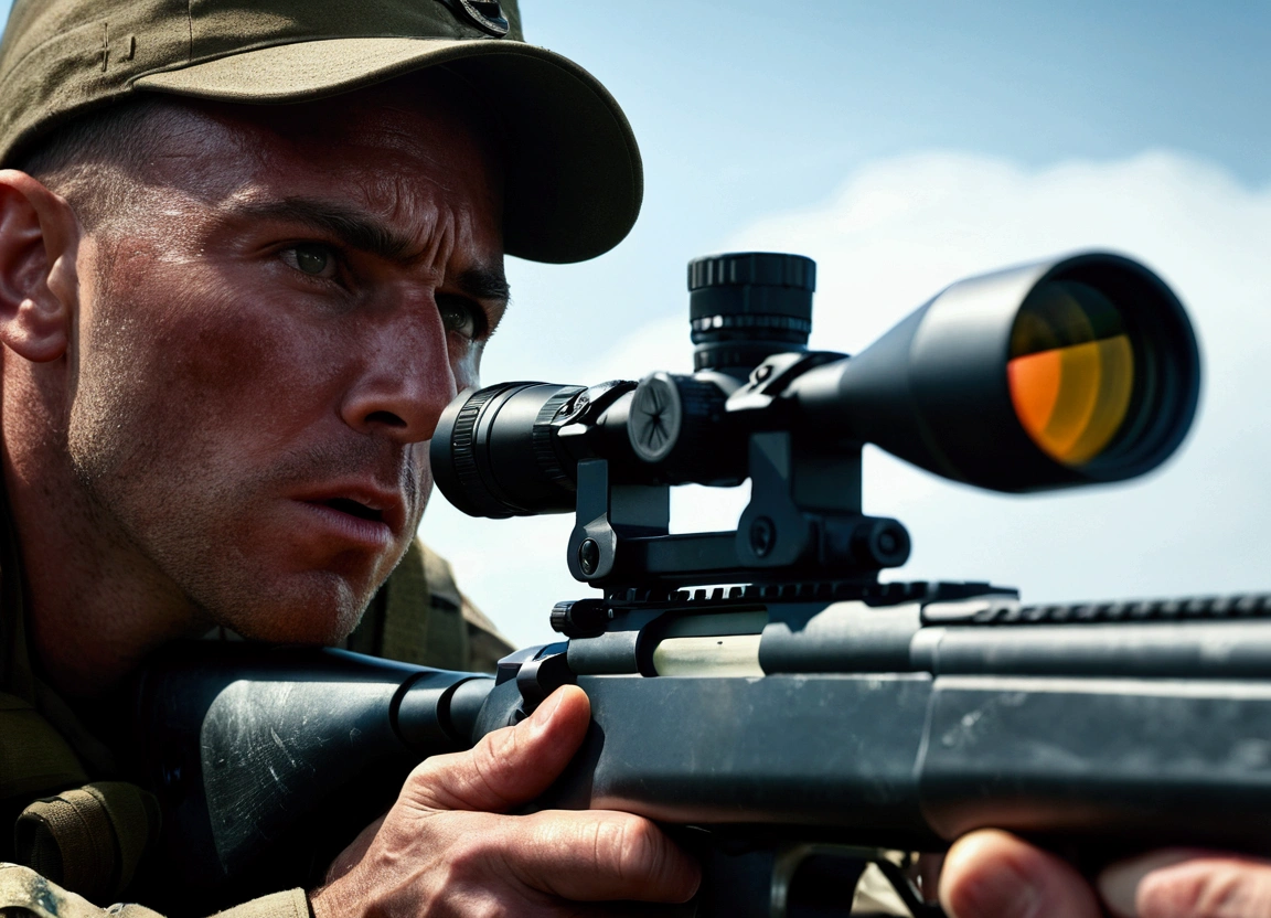 a highly detailed sniper shooting a rifle, extreme close-up, intense expression, sharp focus, realistic military gear, dramatic lighting, cinematic composition, photorealistic, 8k, HDR, intricate details, gritty war zone background, muzzle flash, powerful impact, adrenaline-filled moment, military precision