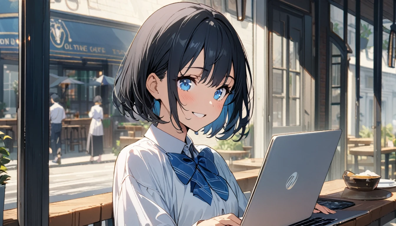 (1girl in),(beautiful blue eyes finely detailed、Face to detail、masterpiece sidelighting、​masterpiece、top-quality、detaileds、High resolution illustration),Woman using laptop on the open terrace of a fashionable café、18year old、OL、Everyday clothes、A smile、frontage、The upper part of the body、black hair、Short bob hair、The upper part of the body、wearing formal clothes and wearing a blue bowtie