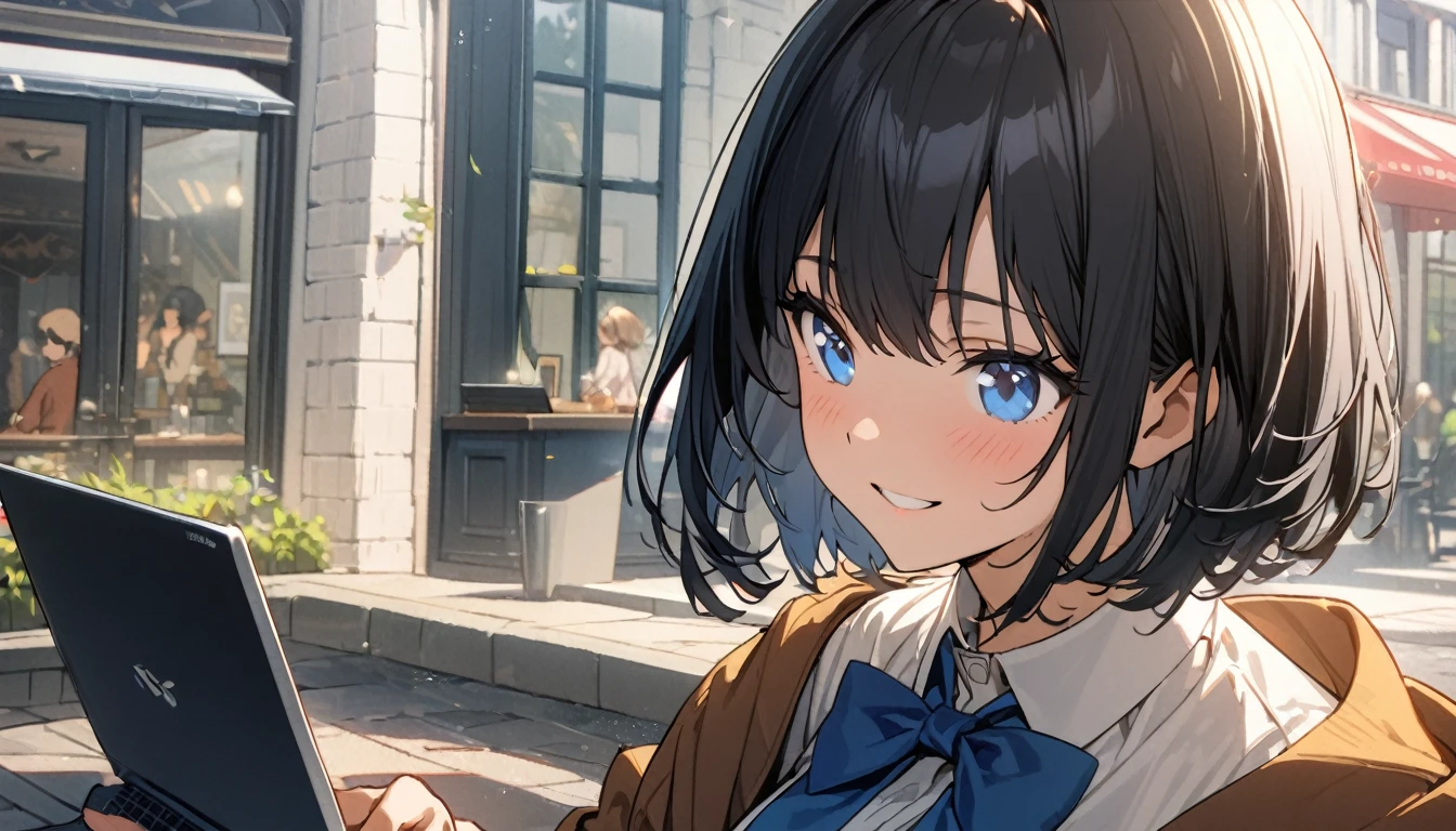 (1girl in),(beautiful blue eyes finely detailed、Face to detail、masterpiece sidelighting、masterpiece、top-quality、detaileds、High resolution illustration),Woman using laptop on the open terrace of a fashionable café、18year old、OL、Everyday clothes、A smile、frontage、The upper part of the body、black hair、Short bob hair、The upper part of the body、wearing formal clothes and wearing a blue bowtie
