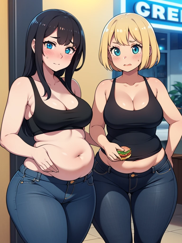 ((Masterpiece)), perfect anatomy, perfect shading, field of depth, (best quality), extremely delicate and beautiful, perfect lighting, detailed face, ultra cute face, cute, (2girls),
long fluffy blonde hair, blue eyes, ((blush)), nervous, looking at viewer, tank top, jeans, cleavage, medium breasts, ((thick thighs)), (wide hips), chubby,
short brown hair, green eyes, ((blush)), medium breasts, ((thick thighs)), (wide hips),
intricate background, detailed background, fast food restaurant, standing next to each other, belly grab
