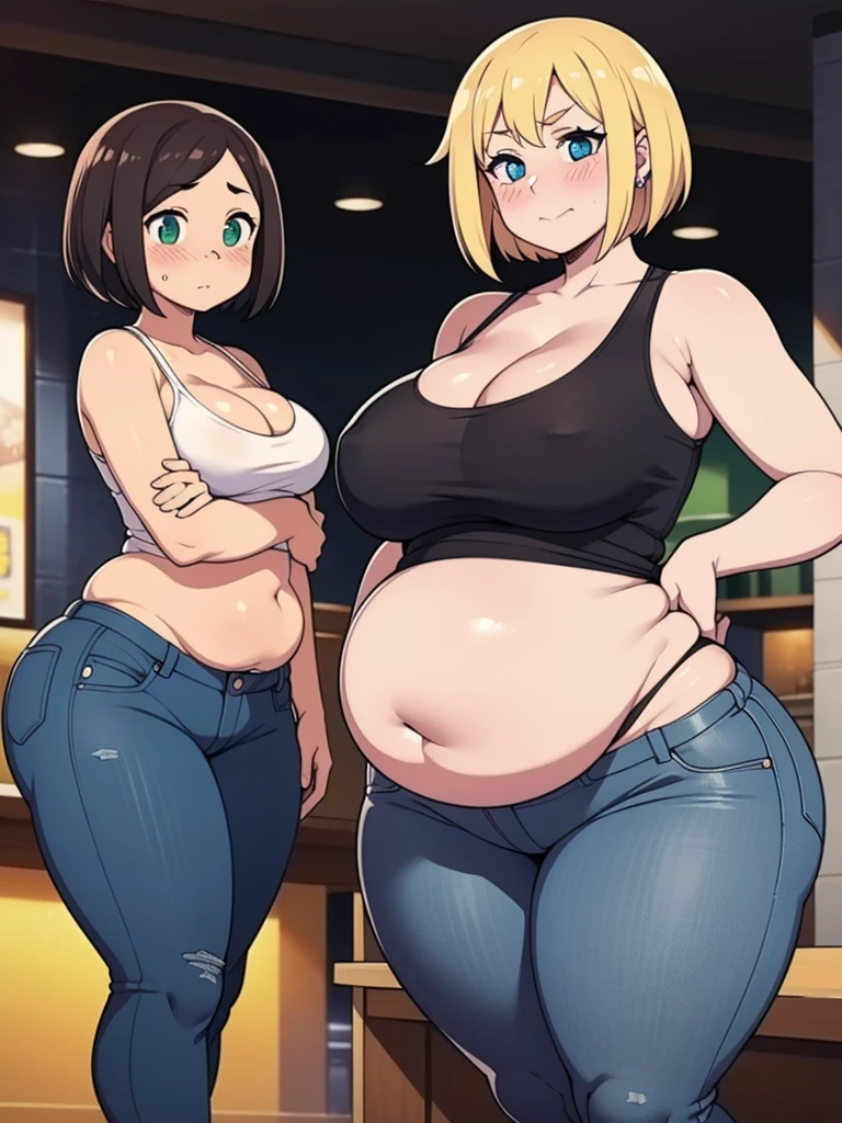 
((Masterpiece)), perfect anatomy, perfect shading, field of depth, (best quality), extremely delicate and beautiful, perfect lighting, detailed face, ultra cute face, cute, (2girls), 

long fluffy blonde hair, blue eyes, ((blush)), nervous, looking at viewer, tank top, jeans, cleavage, medium breasts, ((thick thighs)), (wide hips), chubby, 

short brown hair, green eyes, ((blush)), medium breasts, ((thick thighs)), (wide hips),

intricate background, detailed background, fast food restaurant, standing next to each other, belly grab
