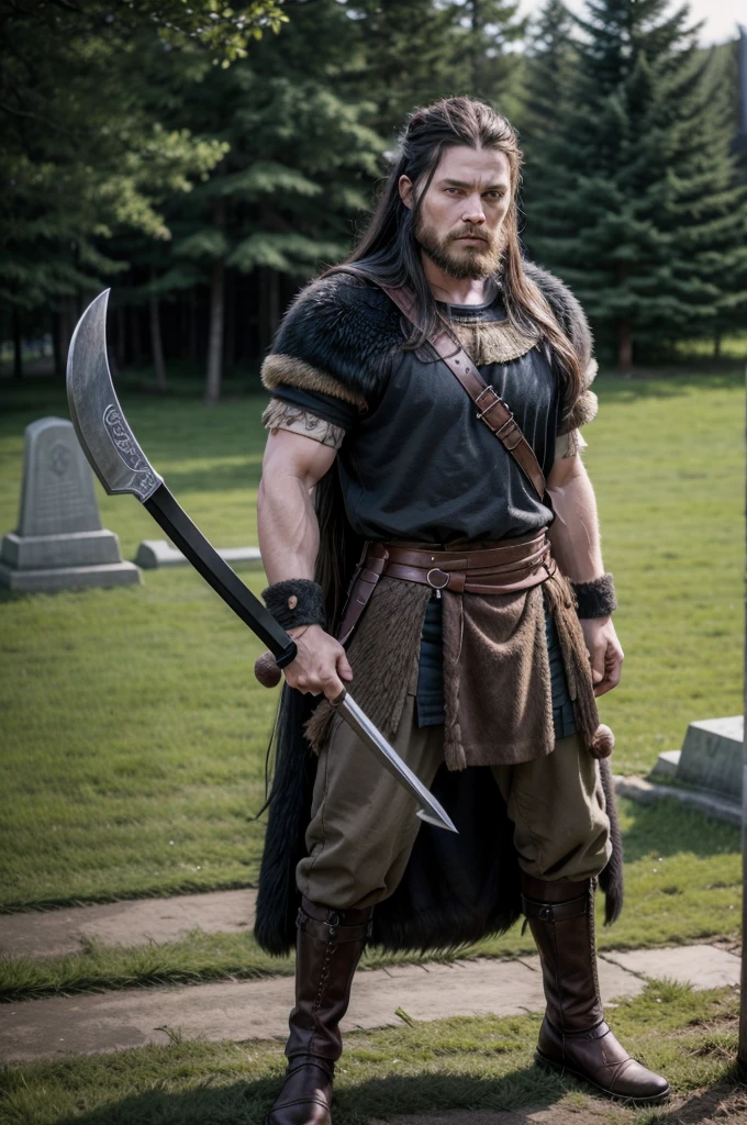 Viking warrior with two axes and black hair, with a grave made of bearskin