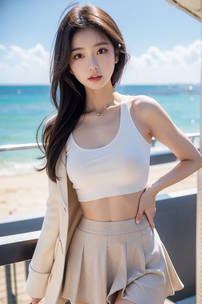 A girl with fair skin,Wearing revealing JK skirt,Exposed脸,Exposed