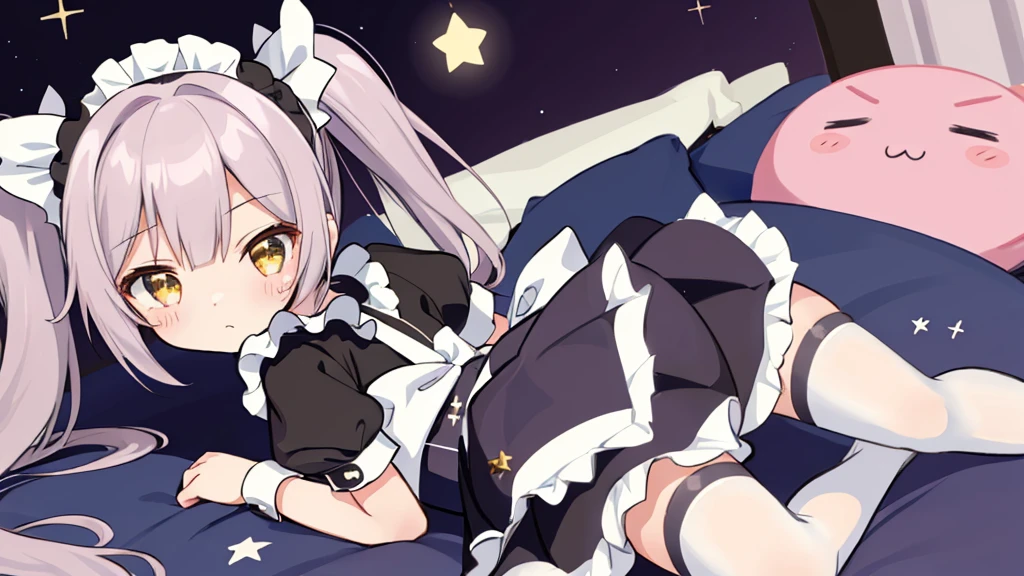 One girl、Sparkling \(Serious: Star Rail\)、Twin tails、solo、Maid、Maidの頭飾り、Maidのエプロン、Knee socks、See who's watching、High heels、(Hold down the skirt、bow: 1.2)、bar \(place\)、indoor、Depth of written boundary、Out of breath、Ecstasy、A seductive smile、masterpiece