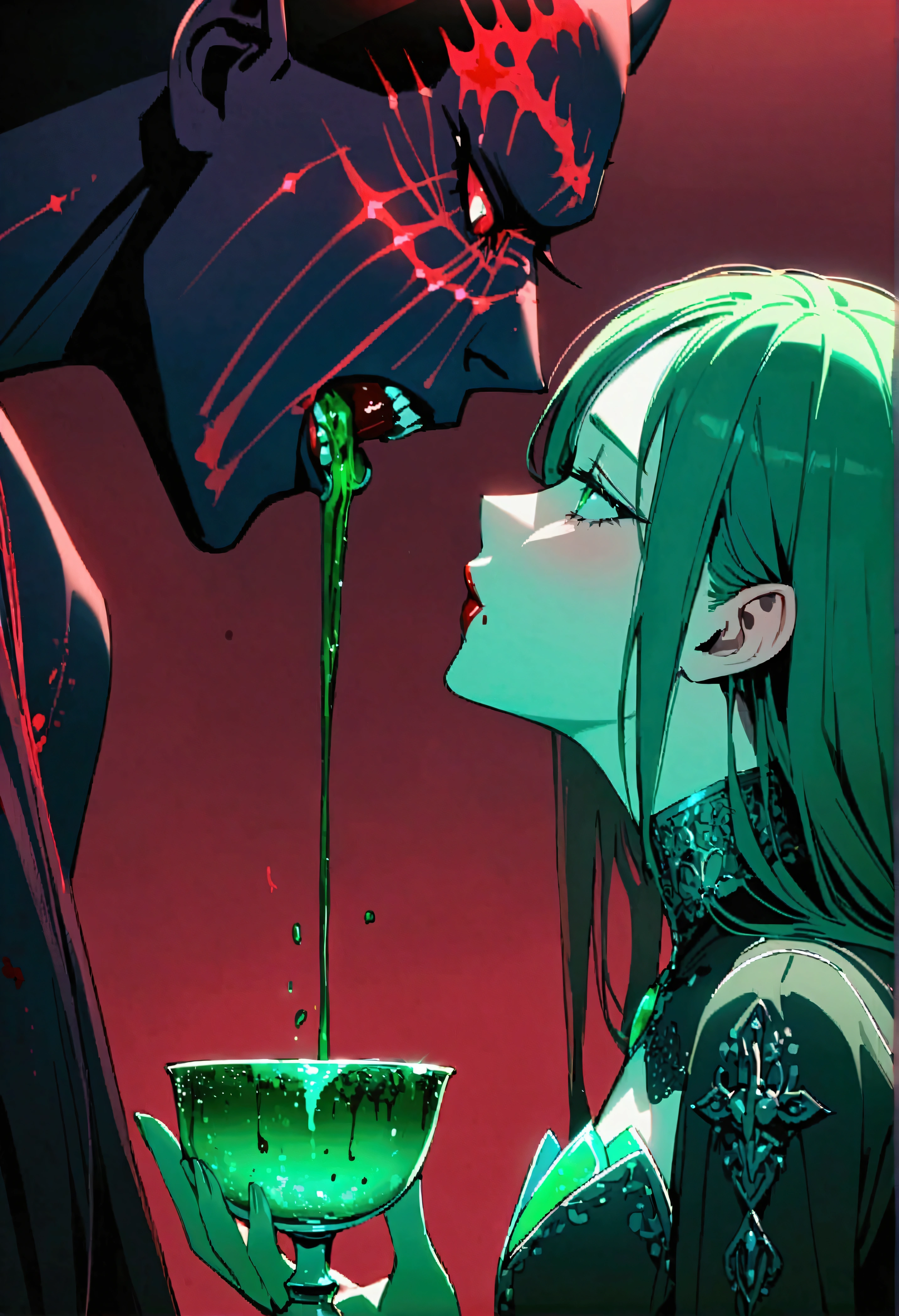 (blood sacrifice:1.5),(far profile:1.1),(emerald cup:1.2),(1 black demon),vomiting blood into the cup,1 beautiful girl and 1 black demon, pact with the devil, witch with demon,
