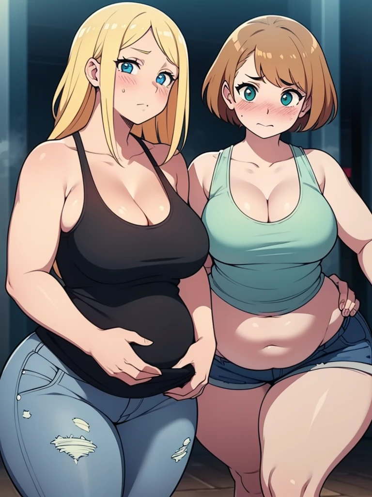 ((Masterpiece)), perfect anatomy, perfect shading, field of depth, (best quality), extremely delicate and beautiful, perfect lighting, detailed face, ultra cute face, cute, (2girls),
long fluffy blonde hair, blue eyes, ((blush)), nervous, looking at viewer, tank top, jeans, cleavage, medium breasts, ((thick thighs)), (wide hips), chubby,
short brown hair, green eyes, ((blush)), medium breasts, ((thick thighs)), (wide hips),
intricate background, detailed background, fast food restaurant, standing next to each other, belly grab