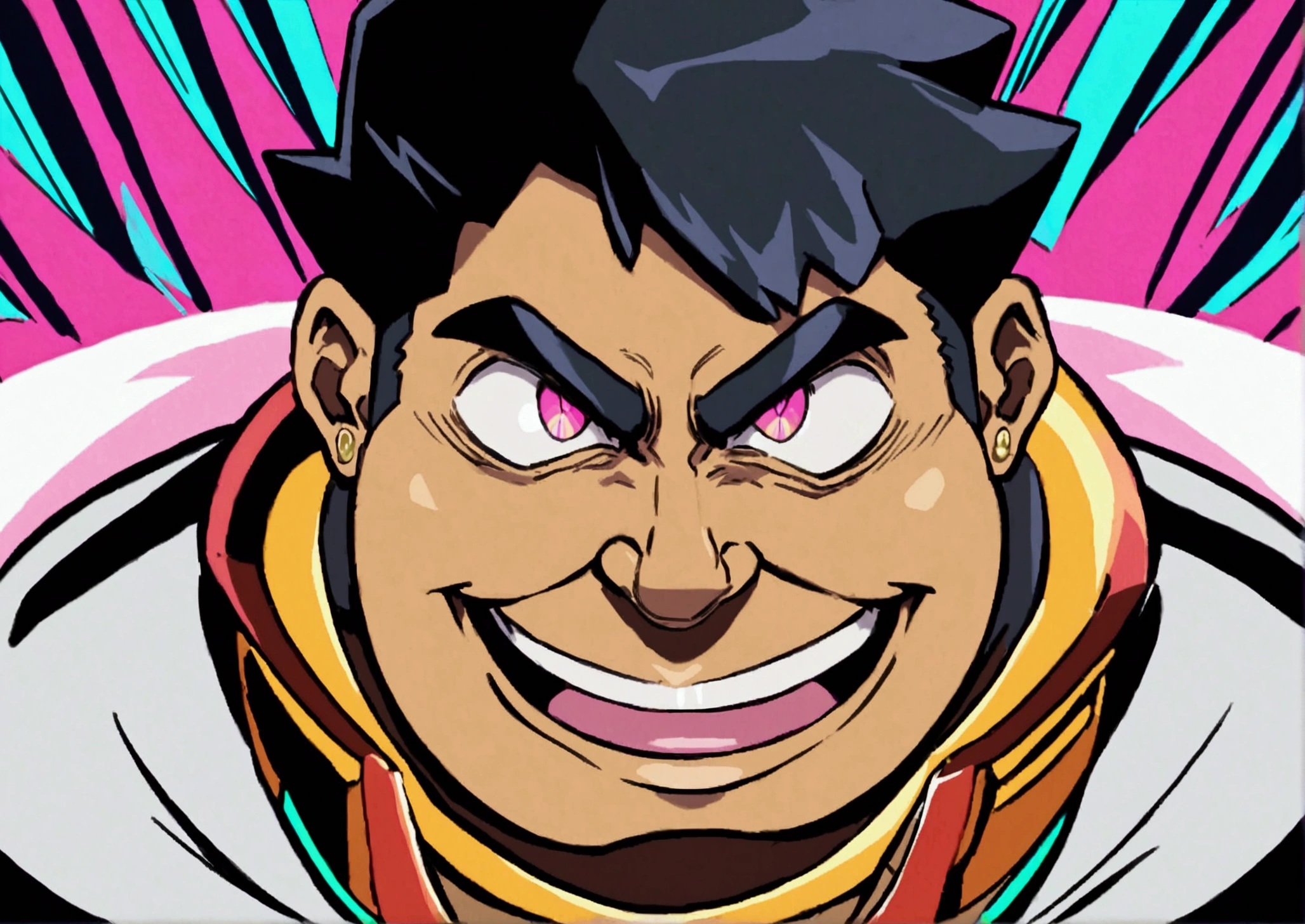 Um homem careca, fat and rich with evil smile with blood from his eyes, Crazy look in Retrowave anime style