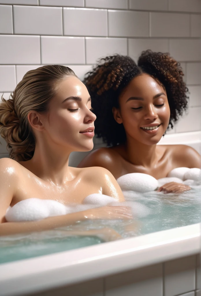 a beautiful detailed birracial woman and a beautiful detailed white woman taking a relaxing bath together, soap suds and foam, hyper realistic, warm soft lighting, serene and peaceful atmosphere, photorealistic, 8k, high quality, masterpiece