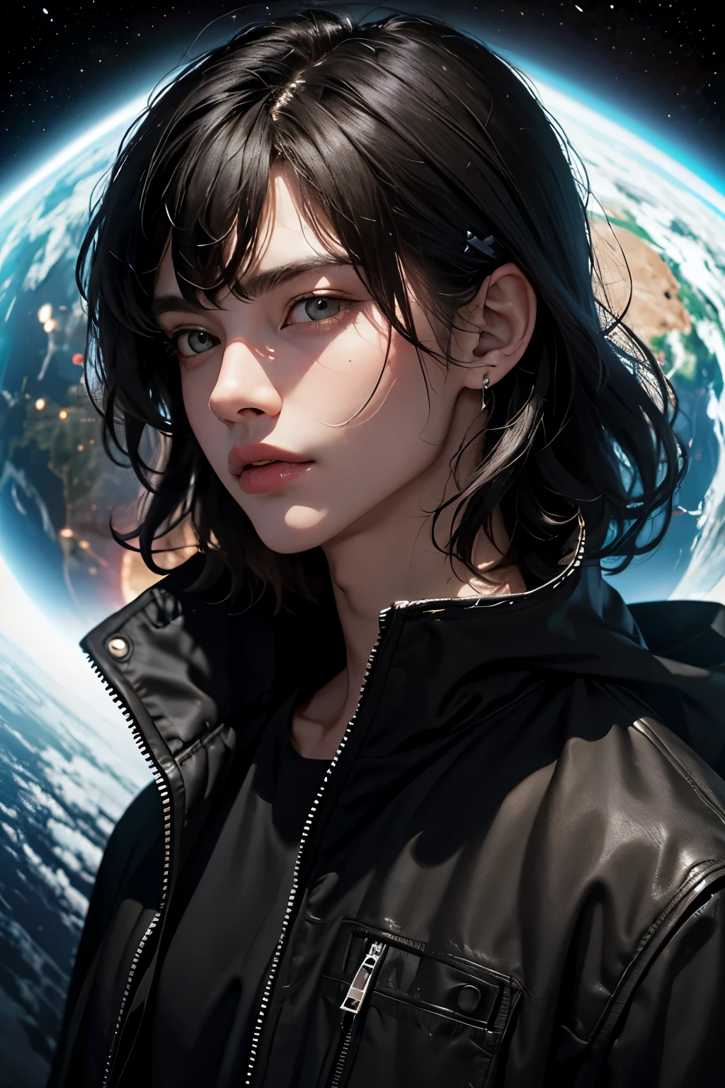 Upper body close-up image. A handsome man. beautiful man. Black hair. Her bangs are down. Beautiful double eyes. The bridge of my nose. Well-shaped lips. eighteen. He is wearing a jacket and pants. Outer space and a giant clock exist in the space behind him. A masterpiece.