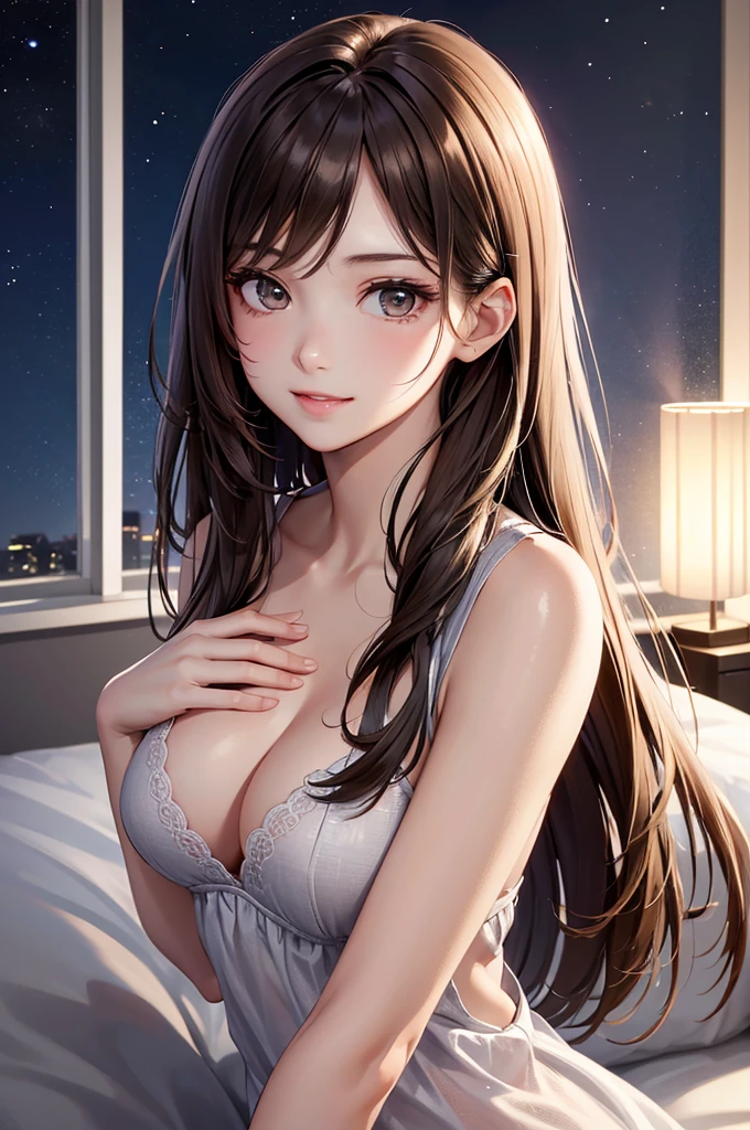 Best Quality,High resolution,8k,finelity detailed background,Masterpiece:1.2),beautiful girl,Shiny brown hair,asymmetrical hair,Brown eyes,Gentle look,A refreshing look,smile,Best quality,Best Quality,Aesthetic and aesthetic:1.2,Best details((Super detailed))(High-definition CG illustrations),Upper Body,Dark grey underwear,Slender body,night,moon,Bedroom,On the bed,smile,blush,cute,Scrounge,Looking up,Being spoiled,super model,wariza,shoot from,above