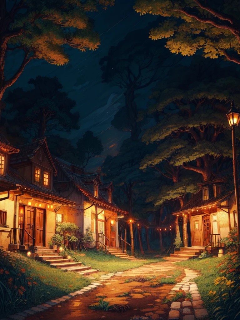 super wide perspective, string lights, hanging pots, ghibli anime scene, coffee shop in the woods, moody weather, leaves falling from tree, light bubble around street light, under a big banyan tree, street light, poles and wires, tropical leafy plant pots, menu board, sign board, long grass with wild flowers, in the middle of nowhere, vibrant color tones, ghibli style, no humans, scenery, masterpiece, high resolution
