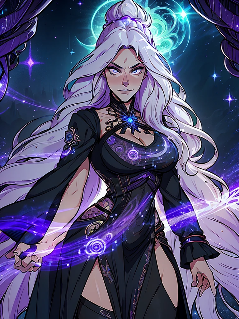 official arts, 8k unity wallpaper, ultra-detailed, beautiful and aesthetically pleasing, masterpiece, best quality, (fractal art: 1.3),female, 1 girl, magic woman, purple eyes, misterious smile, tall woman, very muscular, serious and and angry face, wavy messy white hair, black dress, shrouded in darkness, moving your hands creating a bluish aura that lights up your face