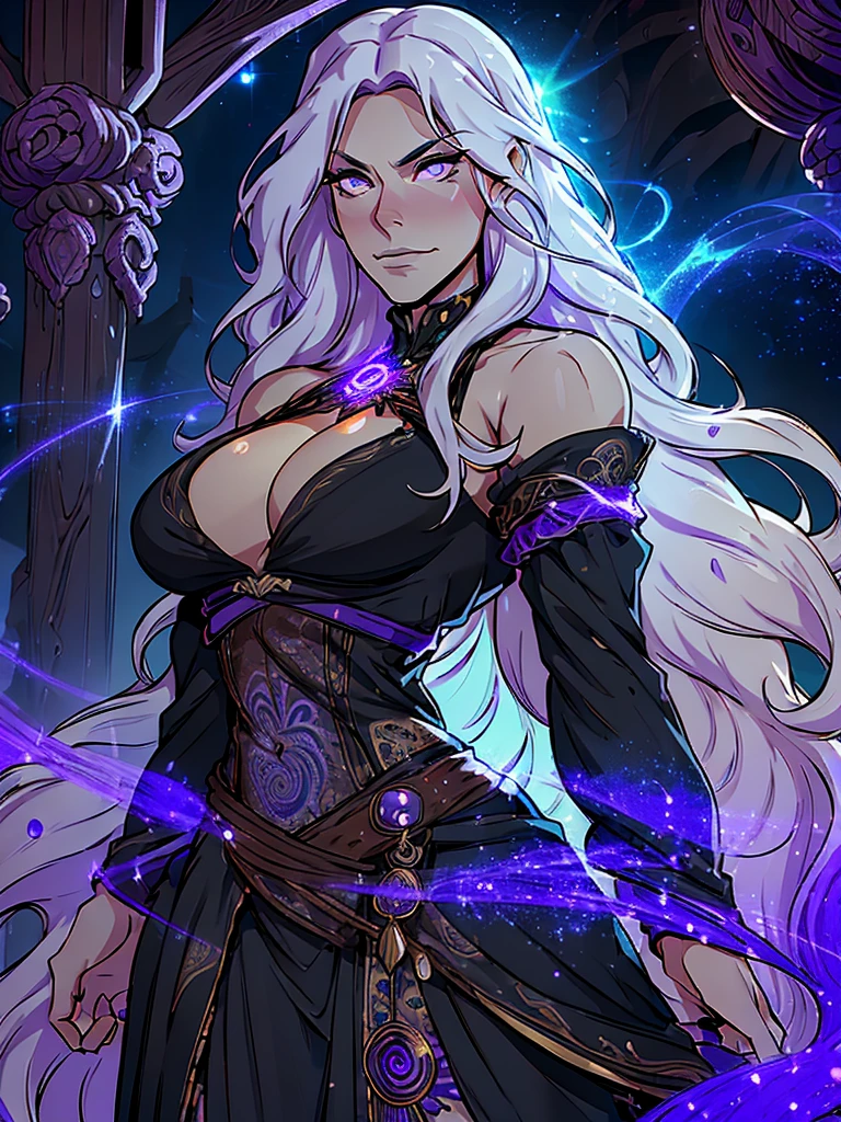 official arts, 8k unity wallpaper, ultra-detailed, beautiful and aesthetically pleasing, masterpiece, best quality, (fractal art: 1.3),female, 1 girl, magic woman, purple eyes, misterious smile, tall woman, very muscular, serious and and angry face, wavy messy white hair, black dress, shrouded in darkness, moving your hands creating a bluish aura that lights up your face