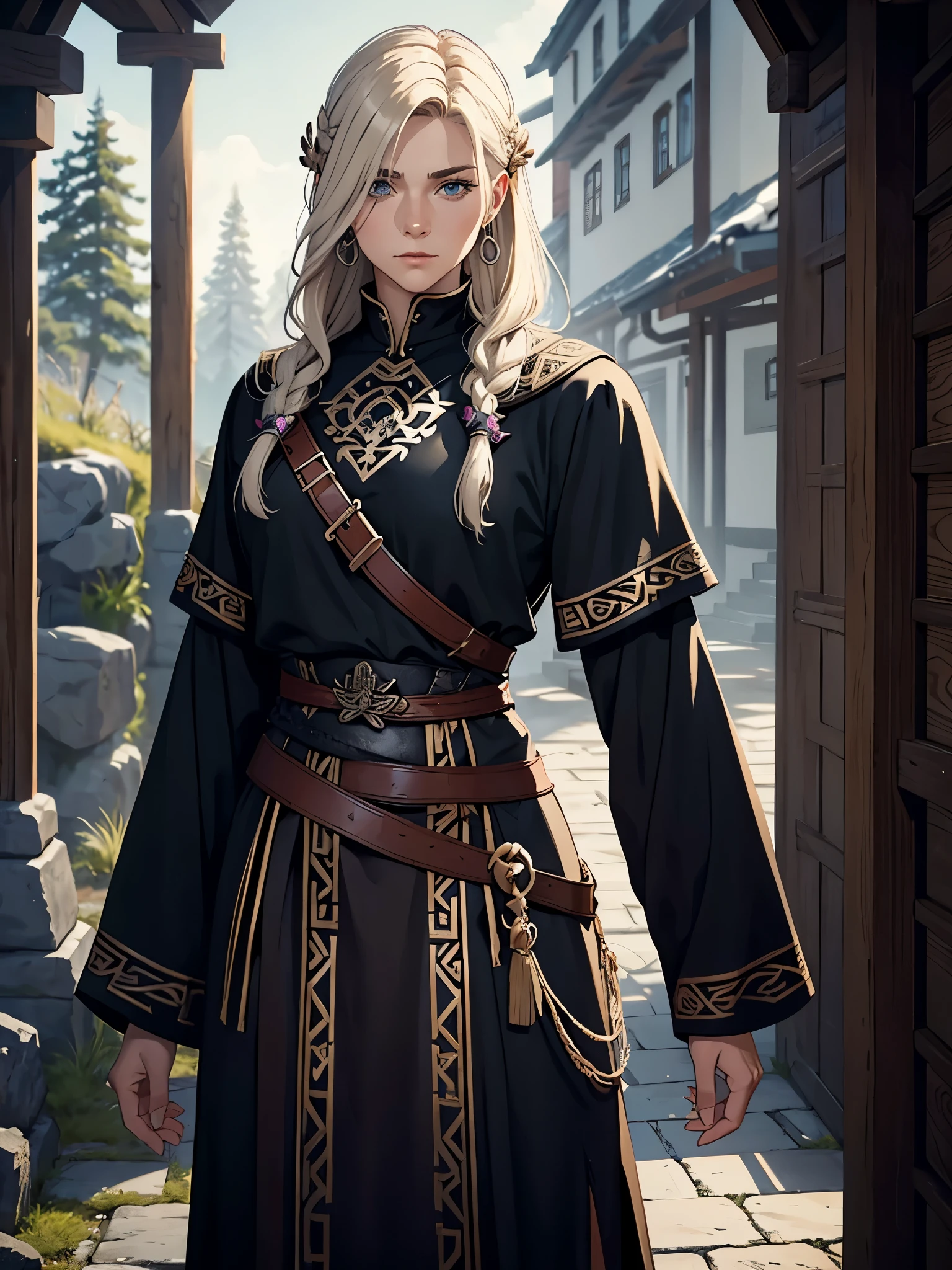 Masculine woman. Powerful. Viking hair accessories. Vikinger sidecut frisur. Nuskeln Magnificent Robe. Nordic viking woman with ashblonde hair. With löwen.