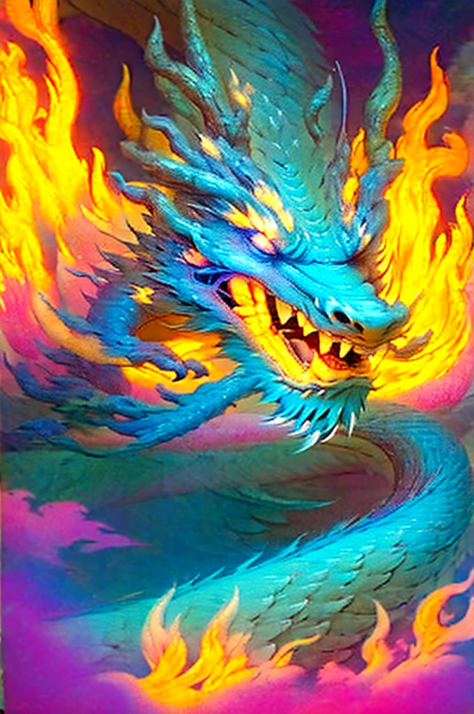 Dragon made of pure fire turned slightly to the right, made of pure fire, facing slightly to the right, close up, red dragon, dragon extremely close to the viewer, open mouth, wide open fire mouth