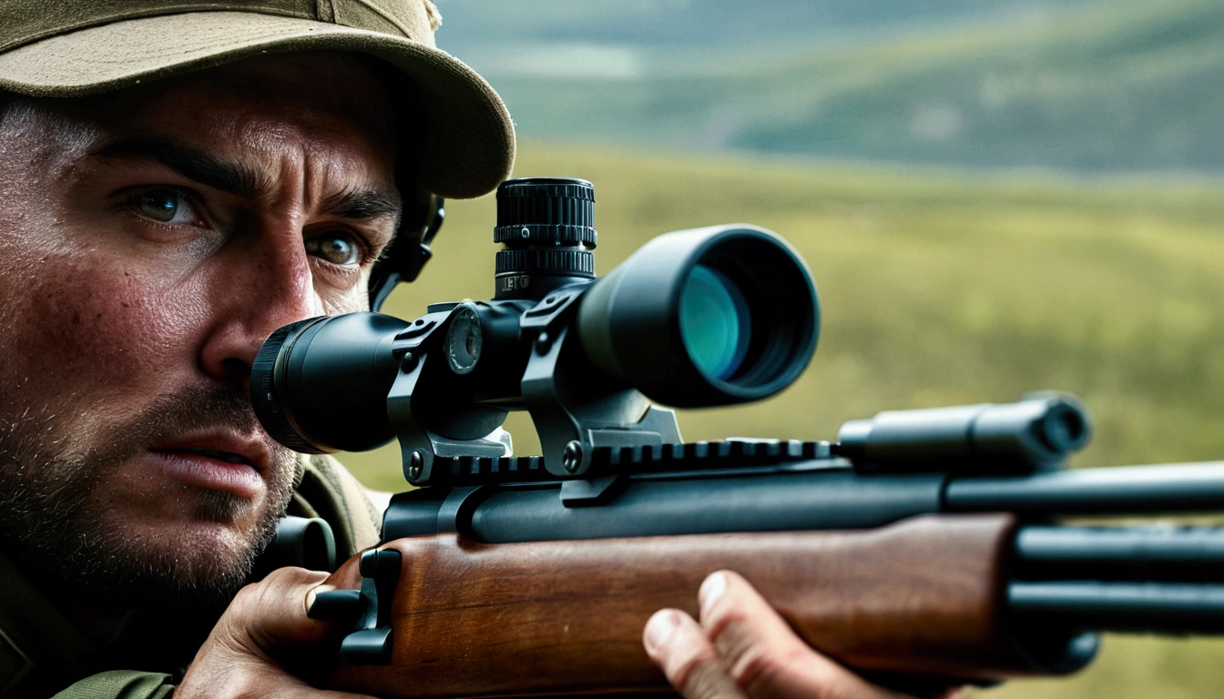 a highly detailed sniper shooting a rifle, extreme close-up, intense expression, sharp focus, realistic military gear, dramatic lighting, cinematic composition, photorealistic, 8k, HDR, intricate details, gritty war zone background, muzzle flash, powerful impact, adrenaline-filled moment, military precision