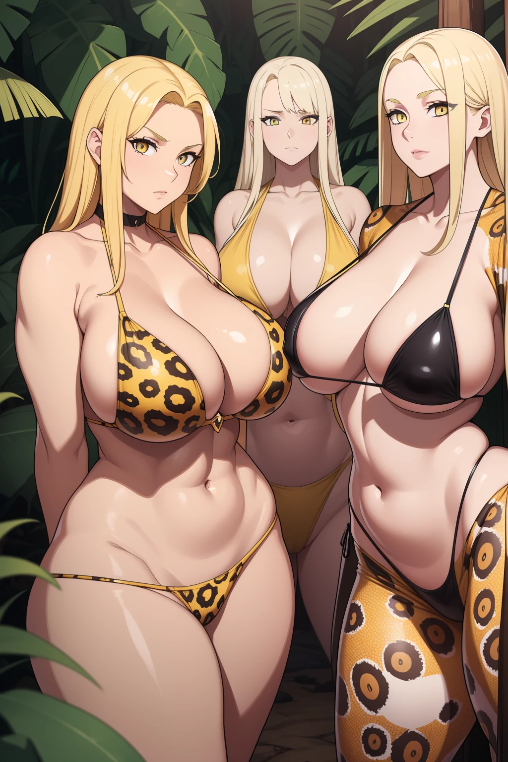 best quality, glossy, 4k, ((artwork)), extremely detailed, 8k, beautiful, 3 girls, blonde hair, yellow eyes, jungle, prehistoric woman, primal woman, cave woman, caveman suits, Jaguar skin bikini, huge breasts, no collar, no collar, beautiful eyes, no blue