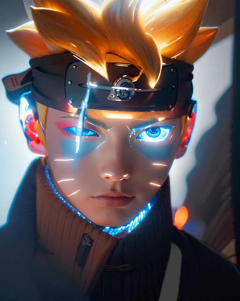(dramatic, Grainy, intense:1.4),masterpiece, Highest quality, 8k, 非常識なdetailed, Intricate details, hyperdetailed, super high quality, High detail, ultra detailed, masterpiece,Upper Body, close,(Imide Shot,Macro photography:1.25),(blue eyes:1.5),(Blonde:1.2),One Man, Soft Light, Delicate Light, Studio Lighting,Artistic Rendering Style,Bright colors, Full Body Shot, detailed, Futuristic, Real,髪の毛のdetailed, Uzumaki bolt, detailedな目, detailedな鼻, Realistic, ((Wearing a navy blue headband、The forehead protector is made of iron)),Lightning on background, ((The left eye is closed)), ((A vertical cut on the left eye)), (((Black collared outfit))),