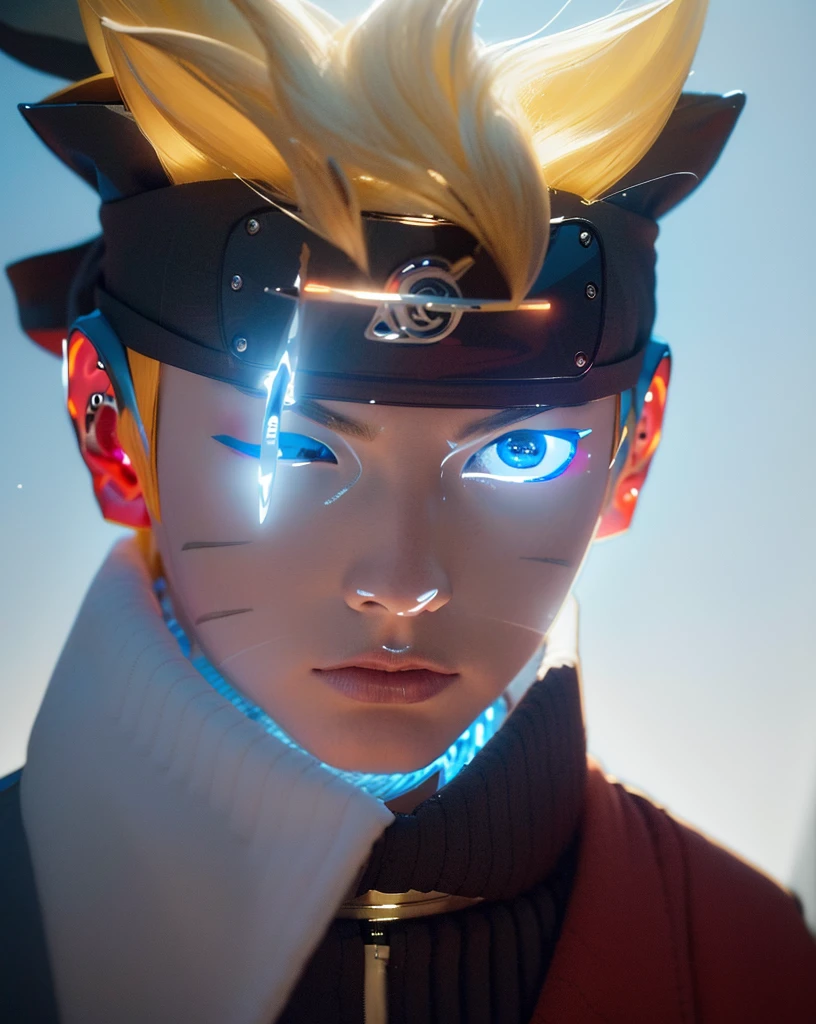 (dramatic, Grainy, intense:1.4),masterpiece, Highest quality, 8k, 非常識なdetailed, Intricate details, hyperdetailed, super high quality, High detail, ultra detailed, masterpiece,Upper Body, close,(Imide Shot,Macro photography:1.25),(blue eyes:1.5),(Blonde:1.2),One Man, Soft Light, Delicate Light, Studio Lighting,Artistic Rendering Style,Bright colors, Full Body Shot, detailed, Futuristic, Real,髪の毛のdetailed, Uzumaki bolt, detailedな目, detailedな鼻, Realistic, ((Wearing a navy blue headband、The forehead protector is made of iron)),Lightning on background, ((The left eye is closed)), ((A vertical cut on the left eye)), (((Black collared outfit))),