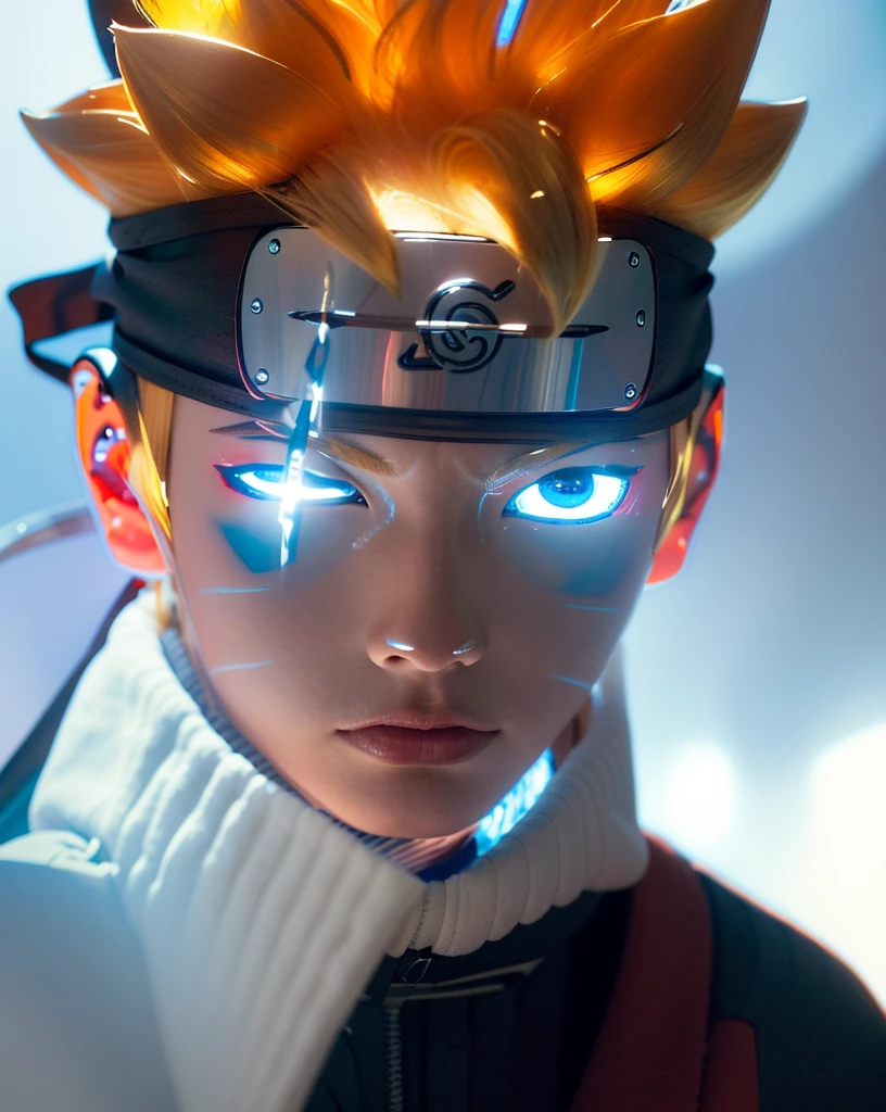 (dramatic, Grainy, intense:1.4),masterpiece, Highest quality, 8k, 非常識なdetailed, Intricate details, hyperdetailed, super high quality, High detail, ultra detailed, masterpiece,Upper Body, close,(Imide Shot,Macro photography:1.25),(blue eyes:1.5),(Blonde:1.2),One Man, Soft Light, Delicate Light, Studio Lighting,Artistic Rendering Style,Bright colors, Full Body Shot, detailed, Futuristic, Real,髪の毛のdetailed, Uzumaki bolt, detailedな目, detailedな鼻, Realistic, ((Wearing a navy blue headband、The forehead protector is made of iron)),Lightning on background, ((The left eye is closed)), ((A vertical cut on the left eye)), (((Black collared outfit))),