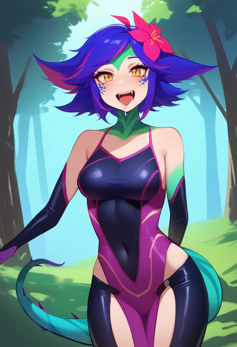 work of art, best qualityer, 1 girl, (realisitic:0.2) Neeko, colored fur, multicolored hair, hair ornament, hair flower, necklase, tummy, lizard tail, facial mark, trunk, woods, looking ahead at viewer, blue sky, incredibly tight outfit, very small clothes, tiny outfit, latex clothing, latex bodycon dress, sexly, orgasm face, orgasm face, drooling, insane sadistic, insane lust, insane pervert 