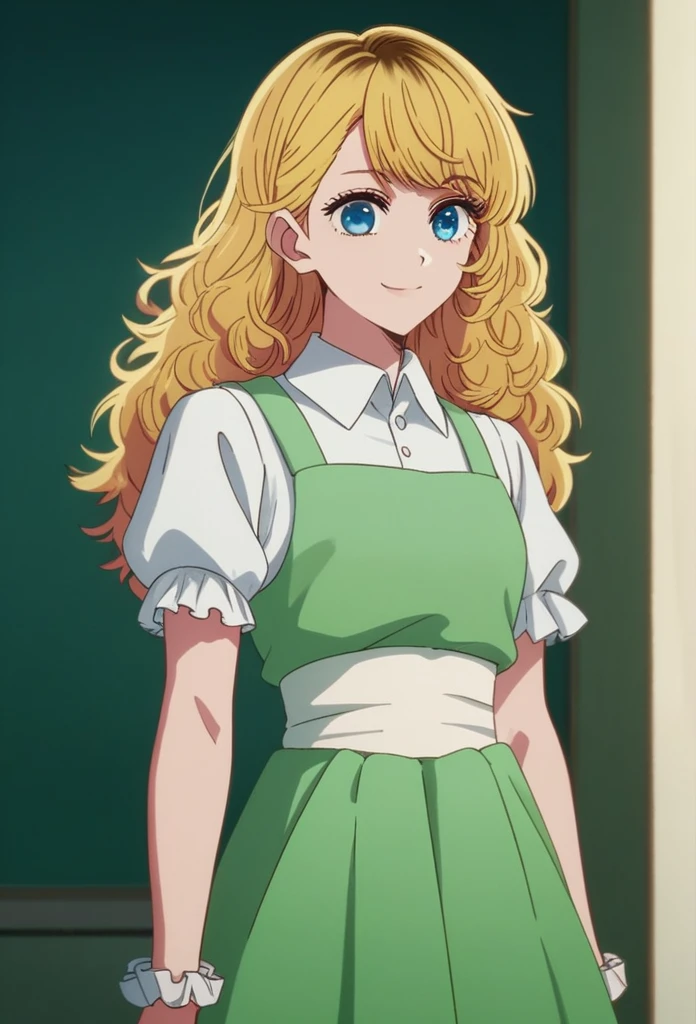 oshi_no_ko_style,blonde curls,sidecurls,fluffy fringe bangs,blue eyes,long eyelashes,cowboyshot,standing,,soft smile,long hair,masterpiece,highres,absurdres,(white puffy short sleeves),collared blouse,solo,frilled cuffs,,teen,(light blue pinafore dress),frilled wristgloves,frilled sweatheart neckline,white sash around the waist,peter pan collar,drilled hair,(side curls)