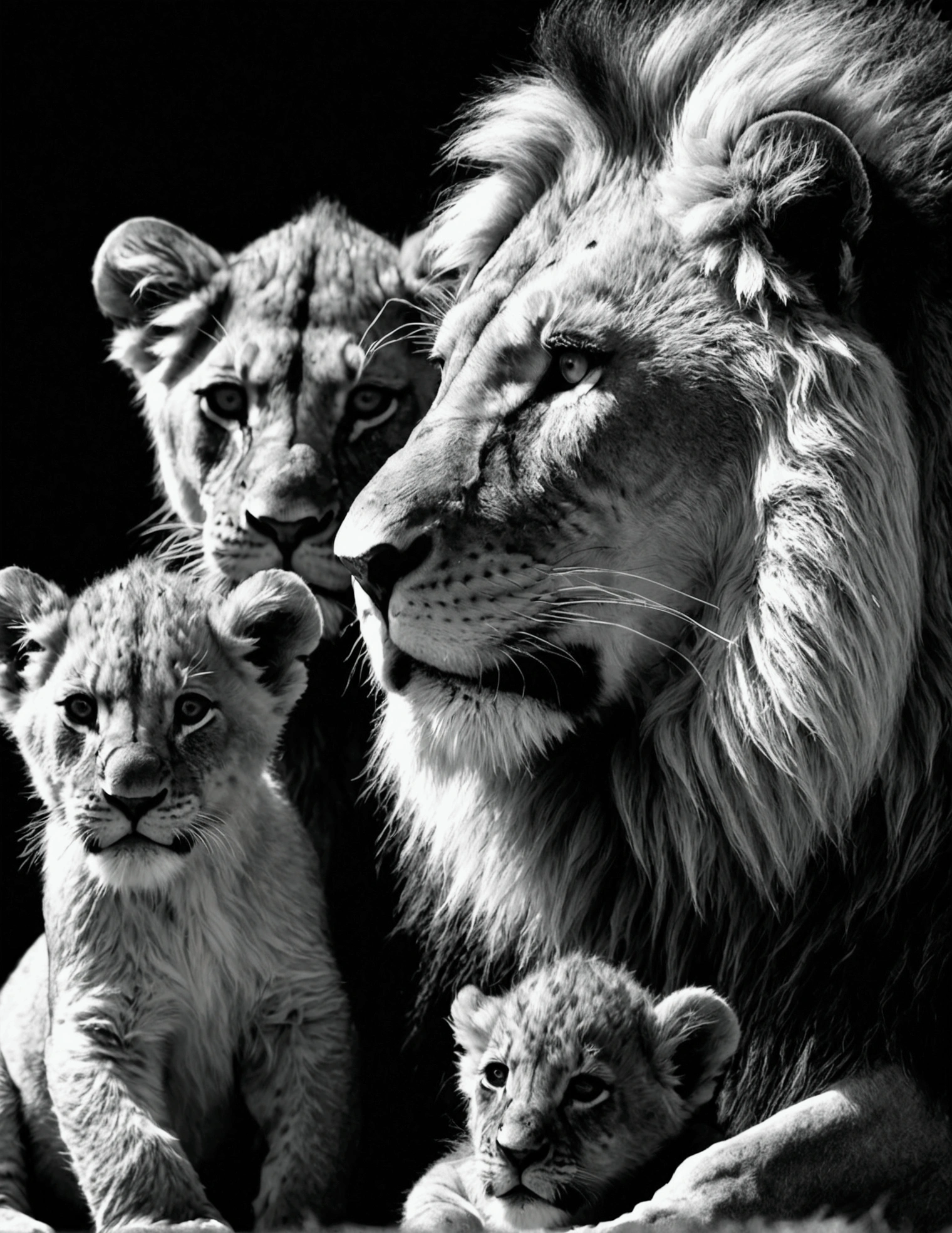 a majestic lion, lioness and their cub, black and white digital art, highly detailed, photorealistic, cinematic lighting, dramatic shadows, detailed fur textures, expressive eyes, powerful poses, natural environment, monochrome, chiaroscuro, (best quality,8k,highres,masterpiece:1.2),ultra-detailed,(realistic,photorealistic,photo-realistic:1.37),cinematic composition,dramatic lighting