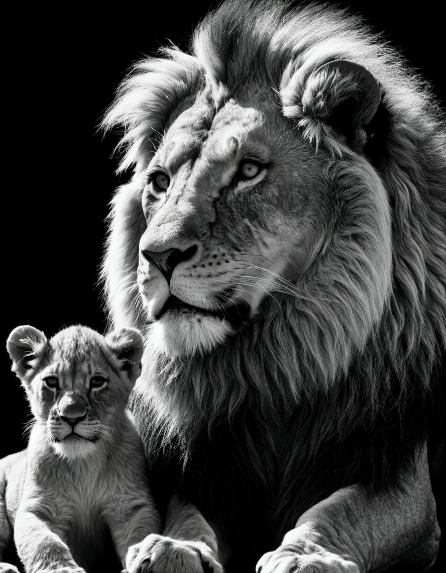 a majestic lion, lioness and their cub, black and white digital art, highly detailed, photorealistic, cinematic lighting, dramatic shadows, detailed fur textures, expressive eyes, powerful poses, natural environment, monochrome, chiaroscuro, (best quality,8k,highres,masterpiece:1.2),ultra-detailed,(realistic,photorealistic,photo-realistic:1.37),cinematic composition,dramatic lighting