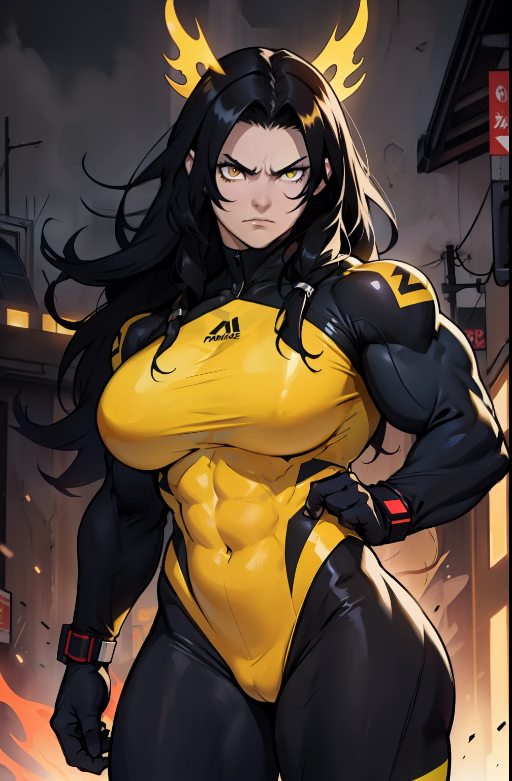 pale skin solo 1 girl black hair yellow eyes angry very long hair dark atmosphere (huge breasts bodybuilder toned body muscular) skinsuit