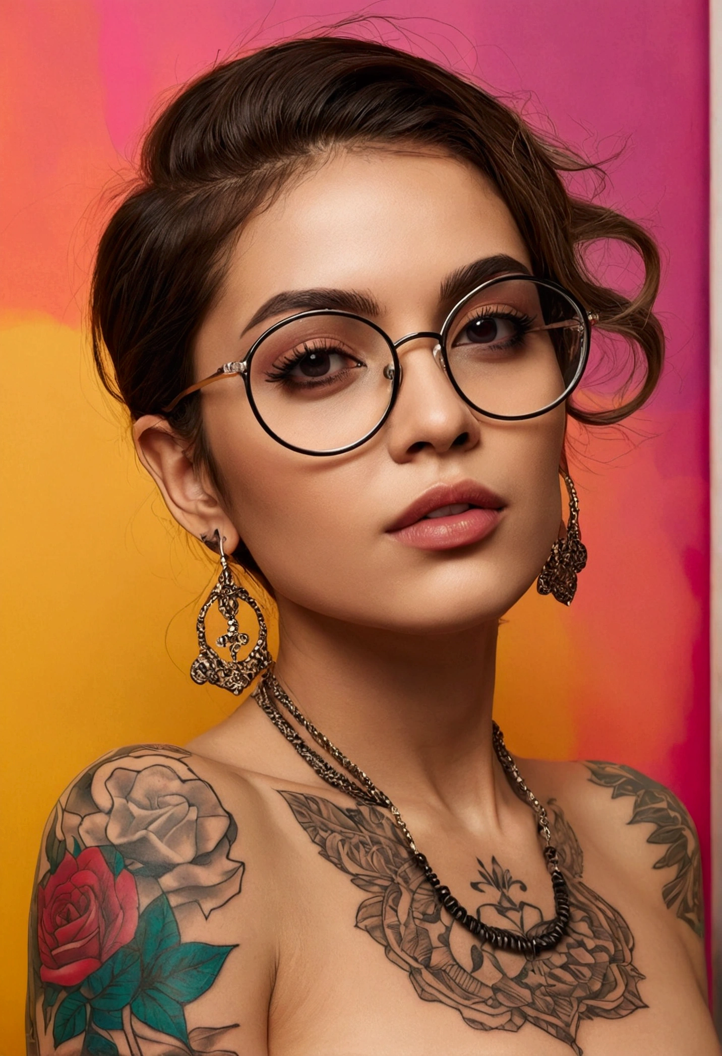 ((best quality)), ((masterpiece)), (detailed), feminista con lentes y tatuajes desnuda