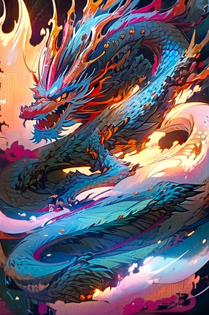 Dragon made of pure fire turned slightly to the right, made of pure fire, facing slightly to the right, close up, red dragon, dragon extremely close to the viewer, open mouth, wide open fire mouth