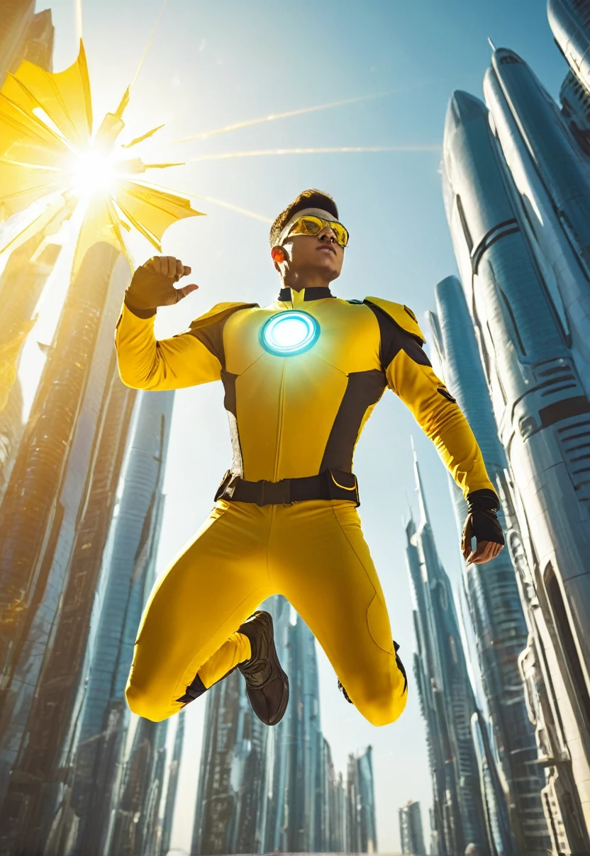 Low angle, A hero in yellow uniform with sun design, he is flying over a sunny futuristic city with yellow lighting,