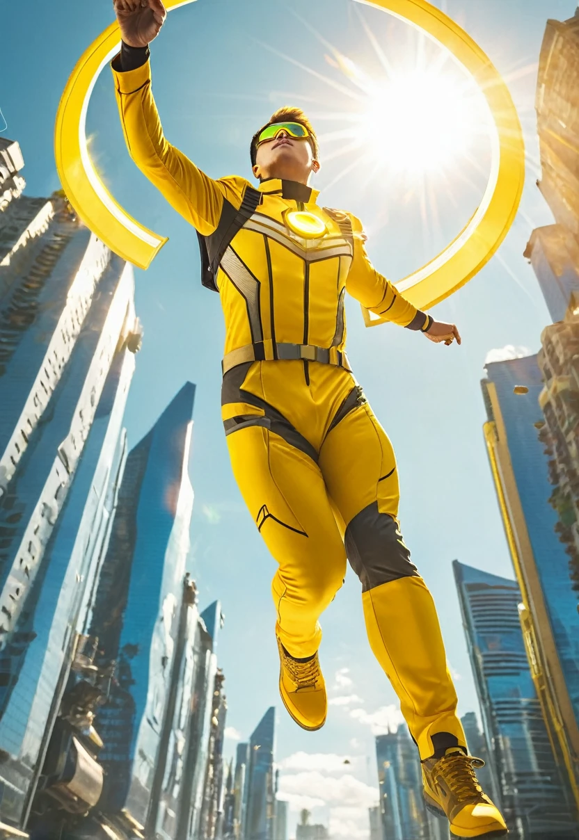 Low angle, A hero in yellow uniform with sun design, he is flying over a sunny futuristic city with yellow lighting,