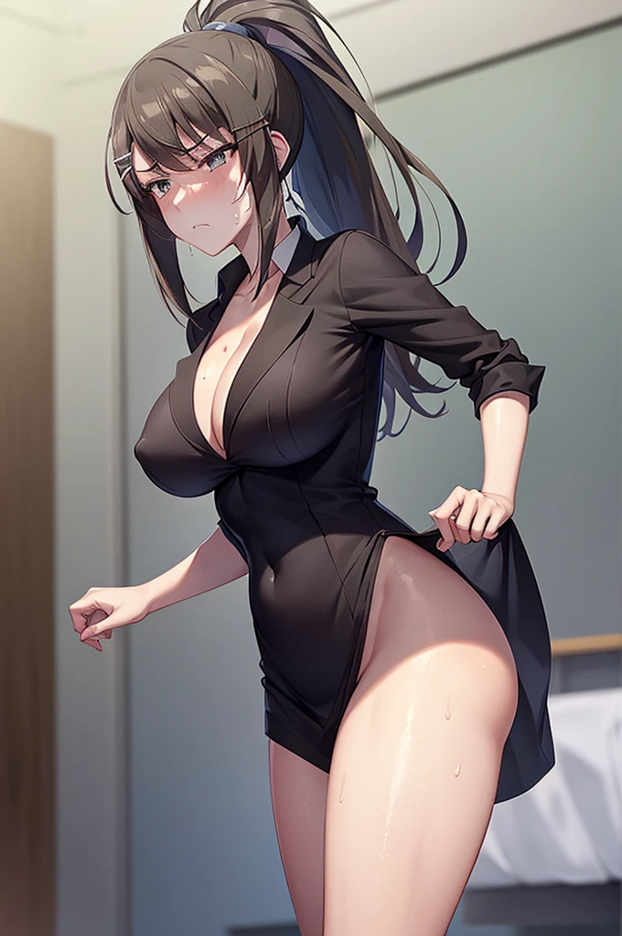 Photo of Sae Chiba, High Ponytail, have big breasts and big butt、Naked and with her legs open, (Strong abdominal muscles), (White skin), (sweating) ,(Beautiful views),(Perfect Face), masterpiece, blush, One girl, alone, (Dissatisfied look:1.2), Smooth anime CG art. (Breast compression:1.2),Large areola,Erect nipples,Big nipples,