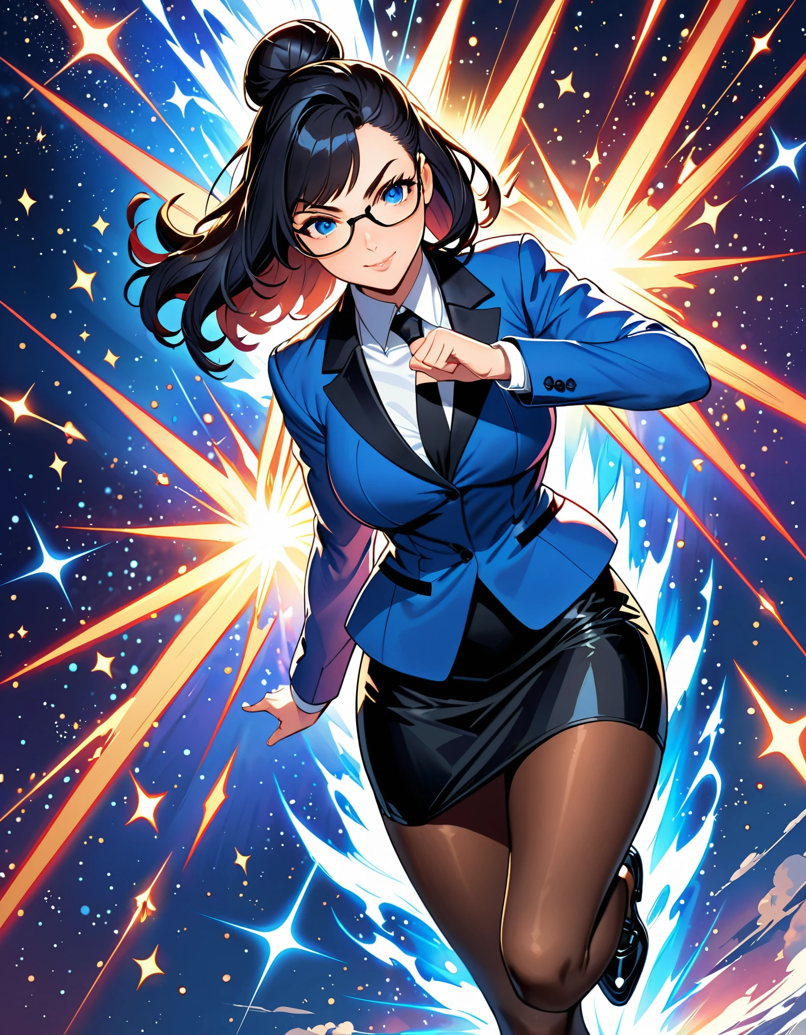 anime girl in a blue suit standing in space with legs together, extremely detailed artgerm, style artgerm, style ivan talavera and artgerm, krenz cushart and artgerm, range murata and artgerm, artgerm style, in the style artgerm, ig model | artgerm, artgerm detailed, black hair, long hair, medium hair, blue eyes, solo, solo focus, hair bun, glasses teacher, pencil skirt, full black pantyhose, matching shoes, energy pulse, aura in her body, power surge, diffraction spikes, light particles