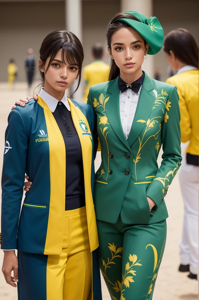 Uniforms for Brazilian Olympic men e women athletes inspired by French haute couture brands like Prada and delicate prints of Brazilian animals reference. Usados no hipismo com terno verde escuro e pequenos detalhe em amarelo.