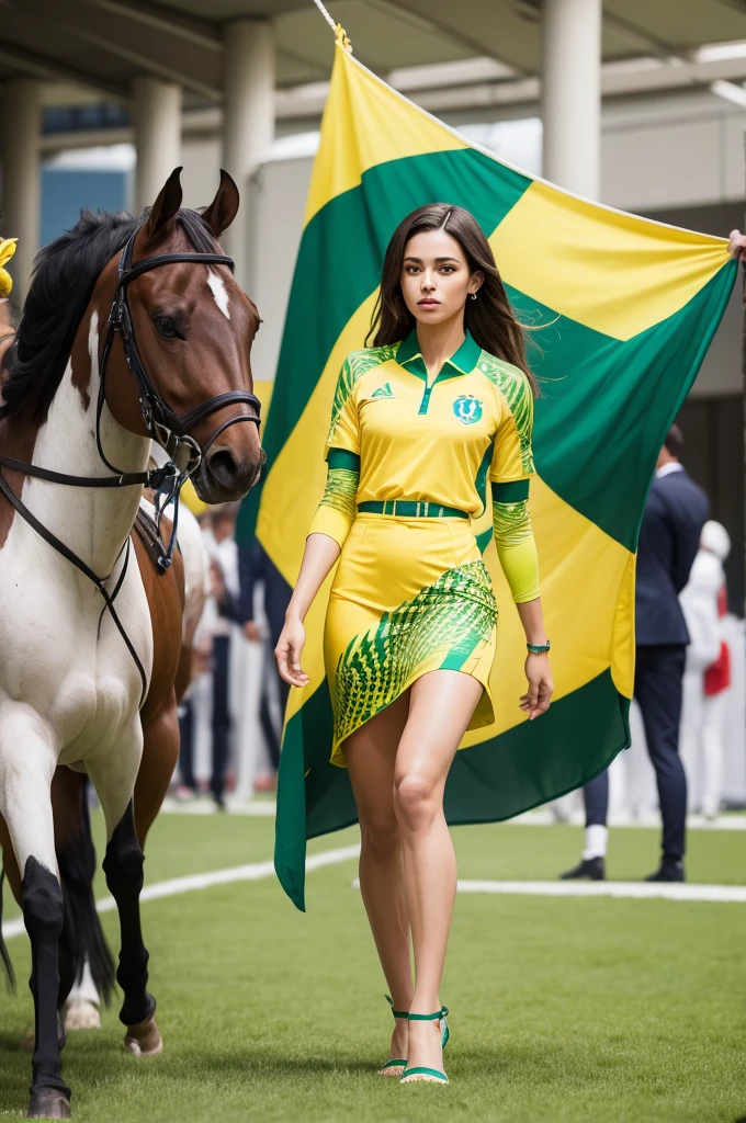 Uniforms for Brazilian Olympic men e women athletes inspired by French haute couture brands like Prada and delicate prints of Brazilian animals reference.  Usados no hipismo com terno verde escuro e pequenos detalhe em amarelo.