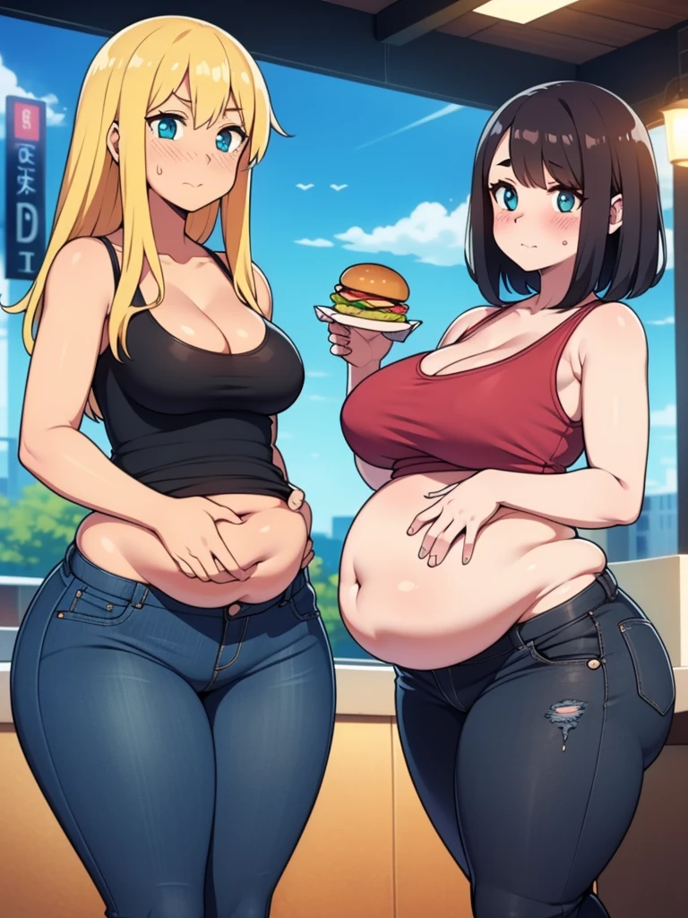 
((Masterpiece)), perfect anatomy, perfect shading, field of depth, (best quality), extremely delicate and beautiful, perfect lighting, detailed face, ultra cute face, cute, (2girls), 

long fluffy blonde hair, blue eyes, ((blush)), nervous, looking at viewer, tank top, jeans, cleavage, medium breasts, ((thick thighs)), (wide hips), chubby, 

short brown hair, green eyes, ((blush)), medium breasts, ((thick thighs)), (wide hips),

intricate background, detailed background, fast food restaurant, standing next to each other, belly grab
