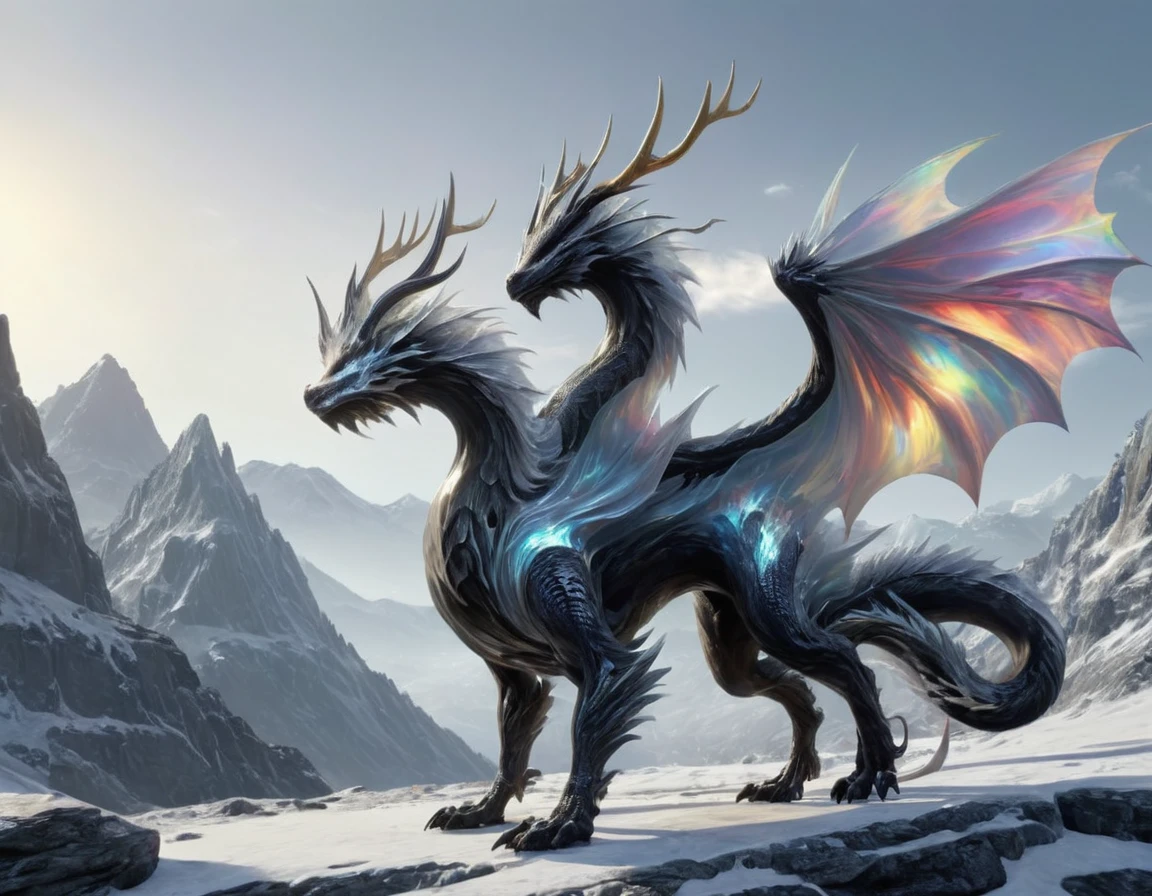 full body portrait of a realistic female black dragon, ral-opal wings, opal stomach scales, huge, long body, wings, many horns, horns, antlers, twisting horns, curled horns, wolf shaped head, white eyes, mysterious mountain scenery, full body, cinematic, render, 8k, unreal engine, realistic, masterpiece, high detail, full body, low life, extremely intricate, extreme detail, volumetric lighting
