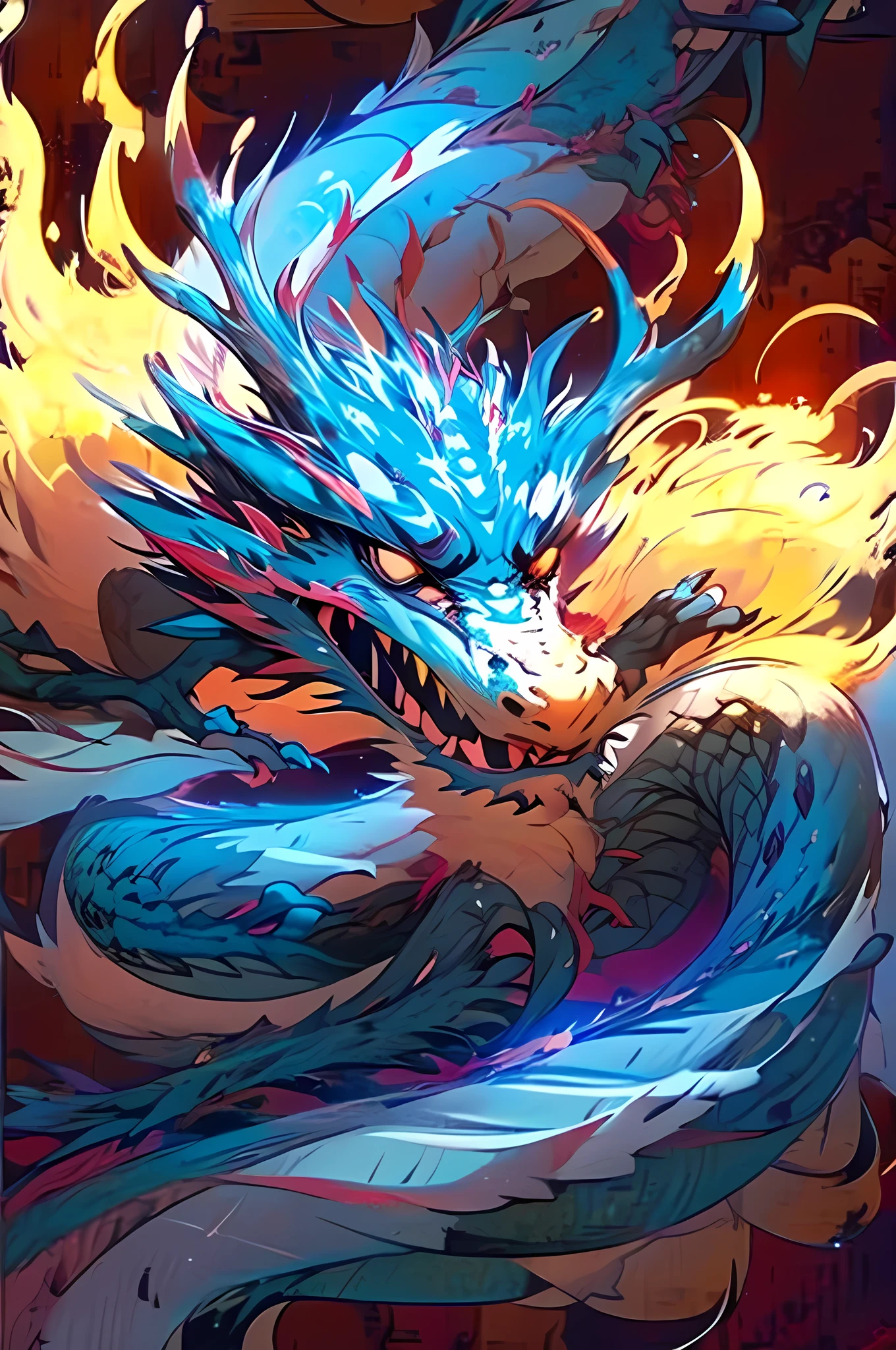 Dragon made of pure fire turned slightly to the right, made of pure fire, facing slightly to the right, close up, red dragon, dragon extremely close to the viewer, open mouth, wide open fire mouth
