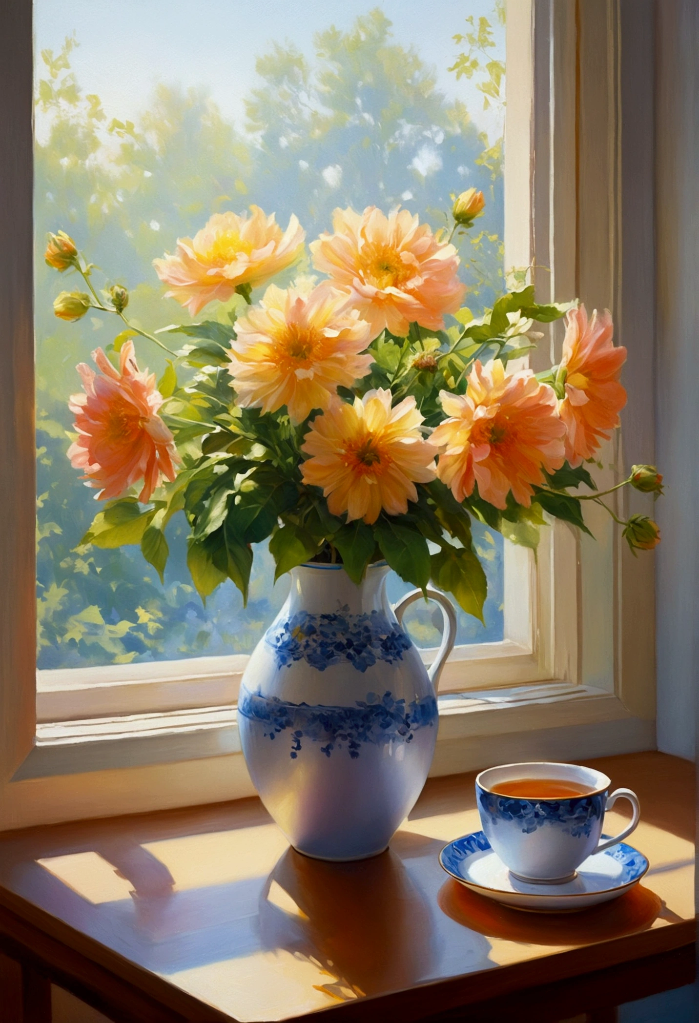 Oil painting, Flower vase and teacup painting, by Yanjun Cheng, Zhou Chen, Jeonseok Lee, pastel style paintings, Summer Morning Light, inspired by Yanjun Cheng, Soft morning light, Alexey Egorov, by Alexander Jin, Soft morning light, Afternoon light, by Zlatyu Boyadzhiev